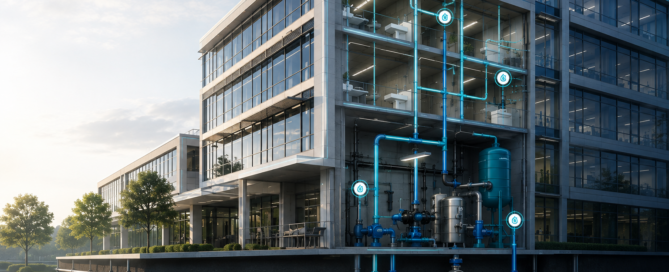 Building water system with water quality monitoring points and connected infrastructure