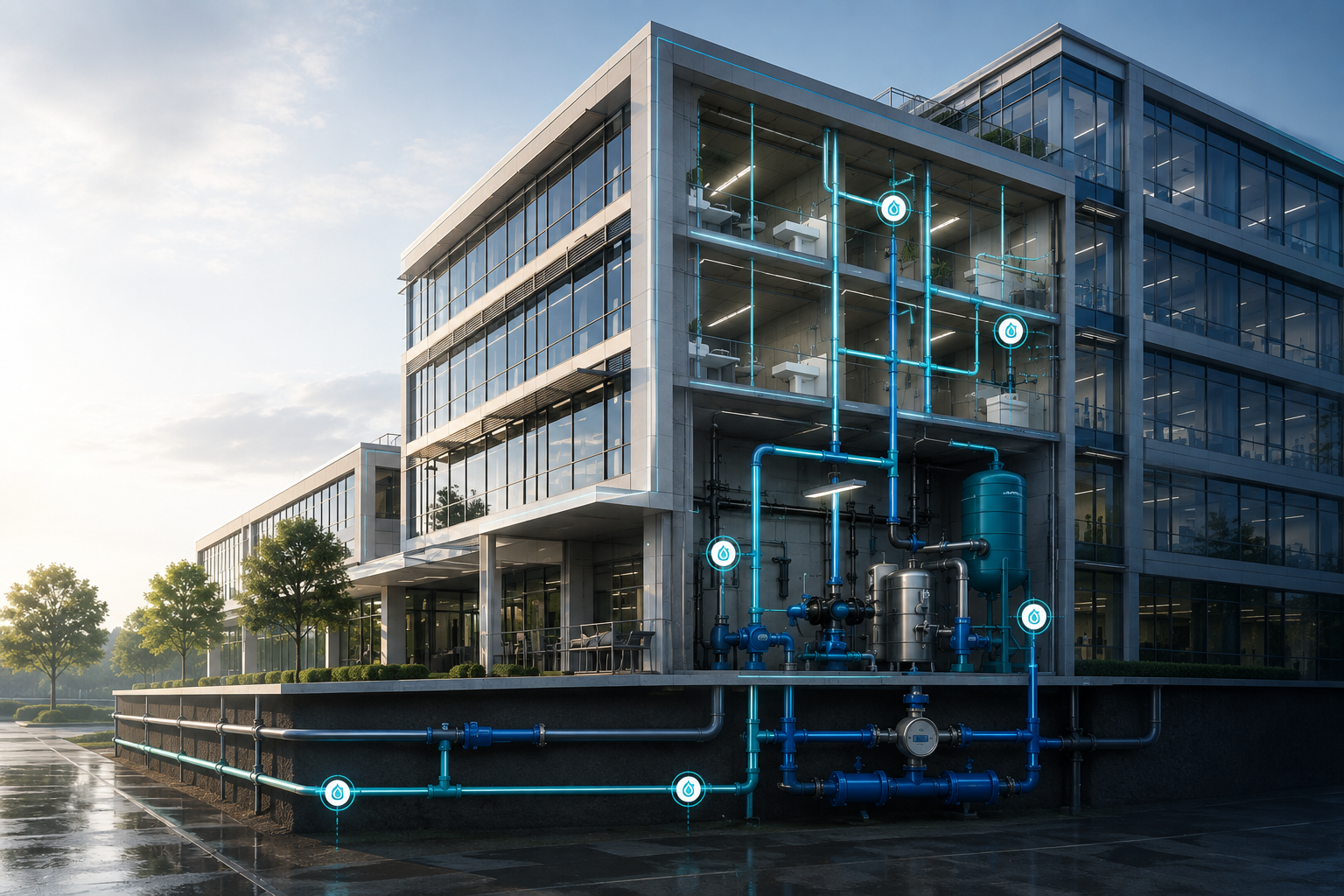 Building water system with water quality monitoring points and connected infrastructure